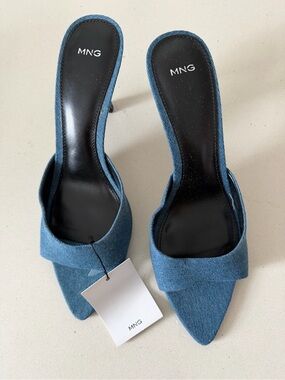 Mango Denim Blue Pointed-Toe Slip-On Mules